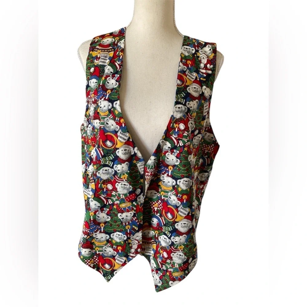 Vintage Festive Holiday Vest with Santa polar bear Print size L double view